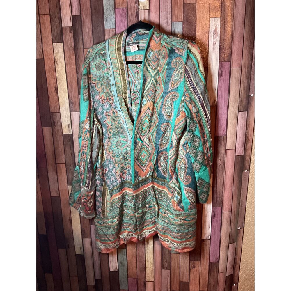 ANU Paisley Floral Print Jacket/Duster Aqua, Orange and Cream Women’s Medium EUC